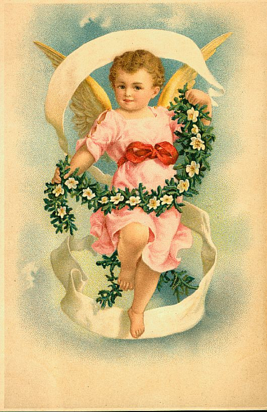 Winged angel child in pink with flower garland — historic image