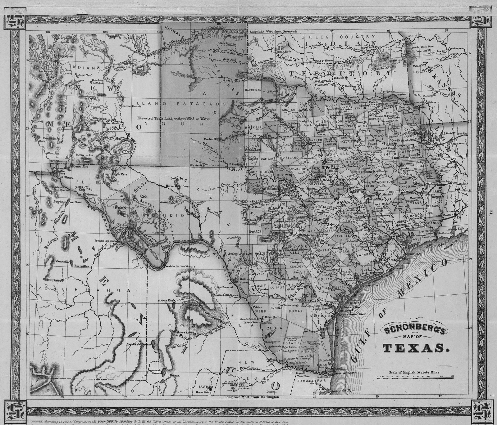 Schönbergs map of Texas 1866 bw, Texas — antique map