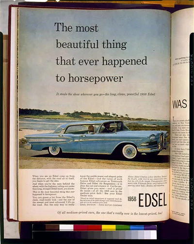[Page of advertisement for Edsel automobiles, showing a 1958 Edsel]