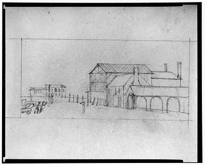 Pencil sketch of a street with arcaded buildings