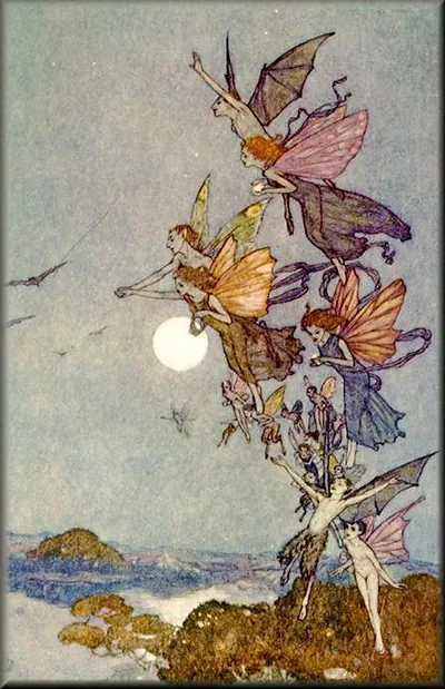 Fairies flying past a full moon over a hilly landscape