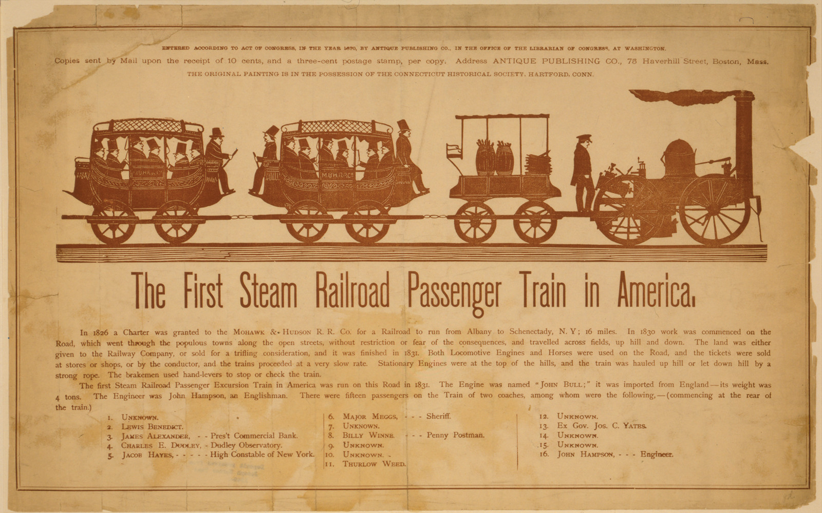 The first steam railroad passenger train in America, Boston, Mass. : Antique Publishing Co., c1870. — historic print