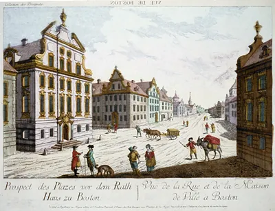 Vuë de Boston. Prospect des plazes vor dem rath house zu Boston Vuë de la rue et de la maison de ville a Boston / gravé par Francois Xav. Habermann.