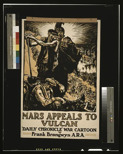 Mars appeals to Vulcan. Daily Chronicle war cartoon by Frank Brangwyn A.R.A.