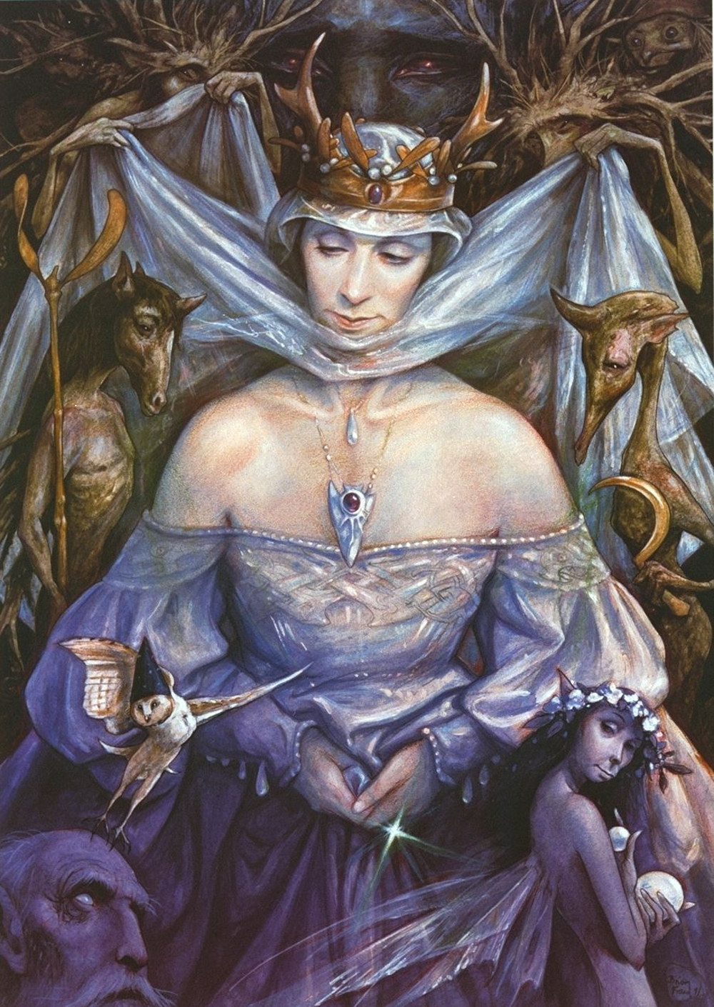 Crowned woman with antlers, owl and flower-crowned fairy — historic image
