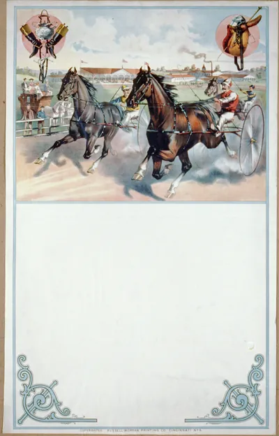 [No title. Horse race, trotters pulling sulkies, grandstand in background]