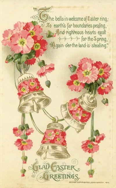 Glad Easter Greetings card with bells and primroses