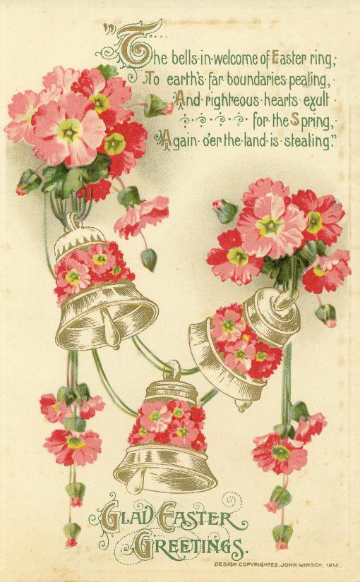 Glad Easter Greetings card with bells and primroses — historic image