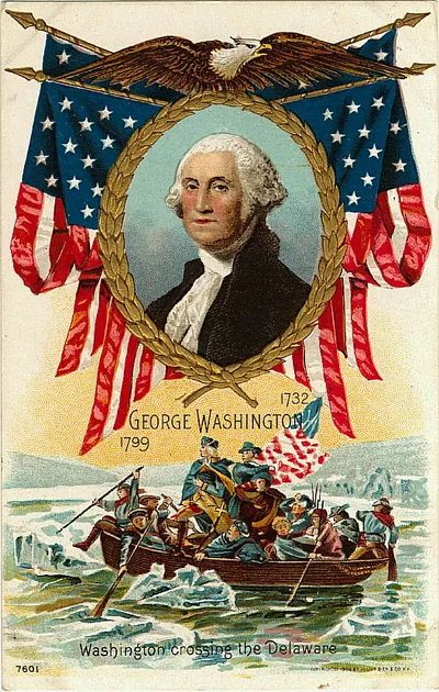 George Washington portrait with Washington Crossing the Delaware scene