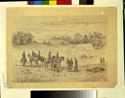 Officers and soldiers on the battlefield of the second Bull Run, recognizing the remains of their comrades