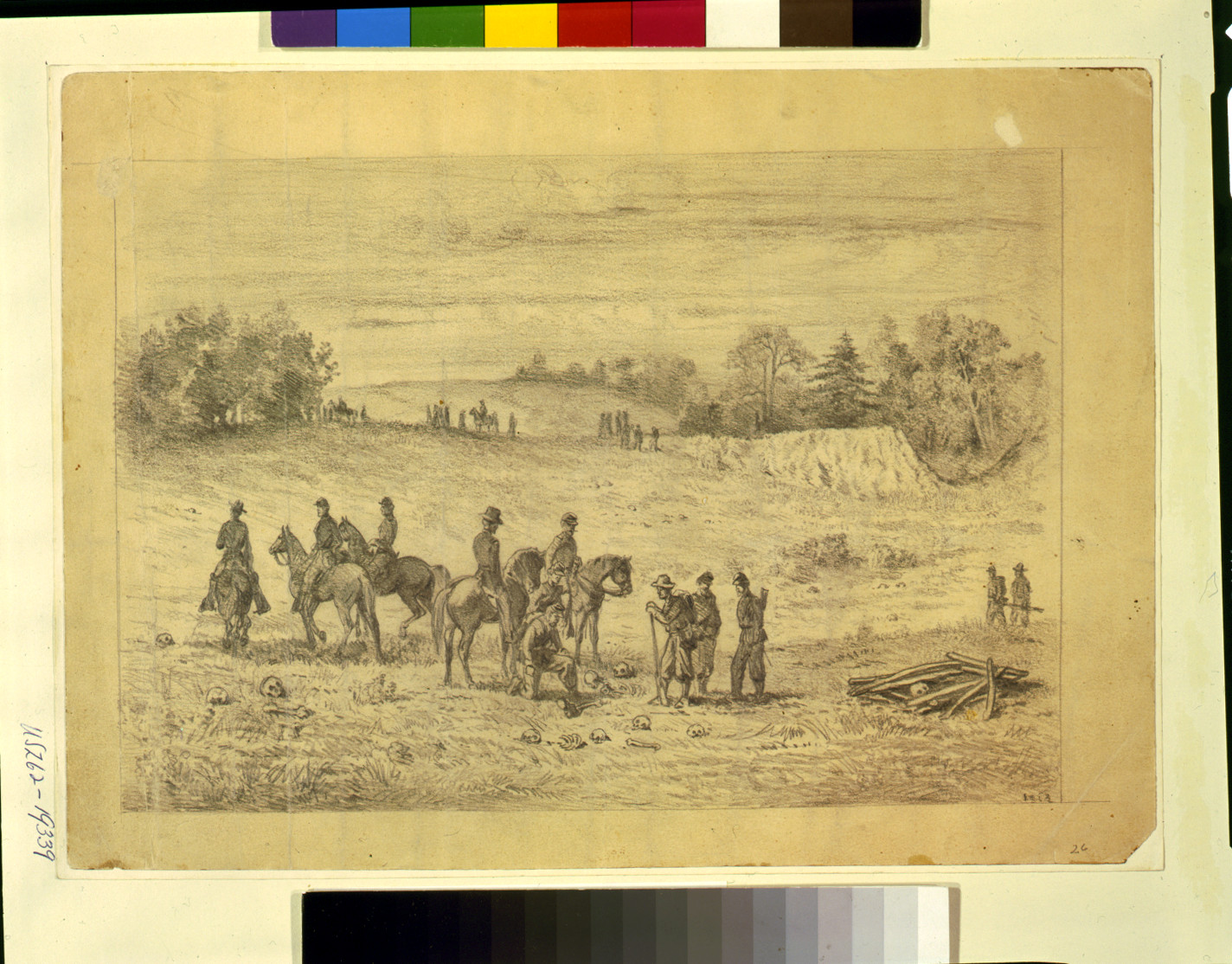 Officers and soldiers on the battlefield of the second Bull Run, recognizing the remains of their comrades, 1863 — historic drawing