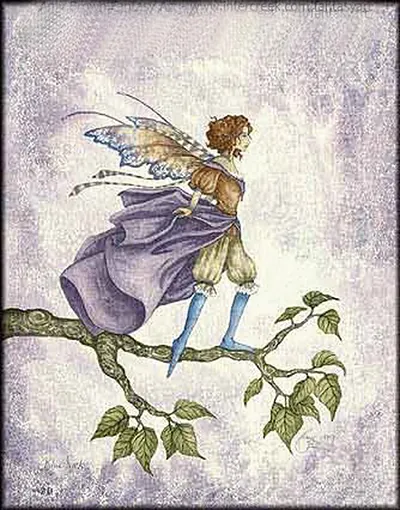 Winged fairy in purple cloak on a leafy branch