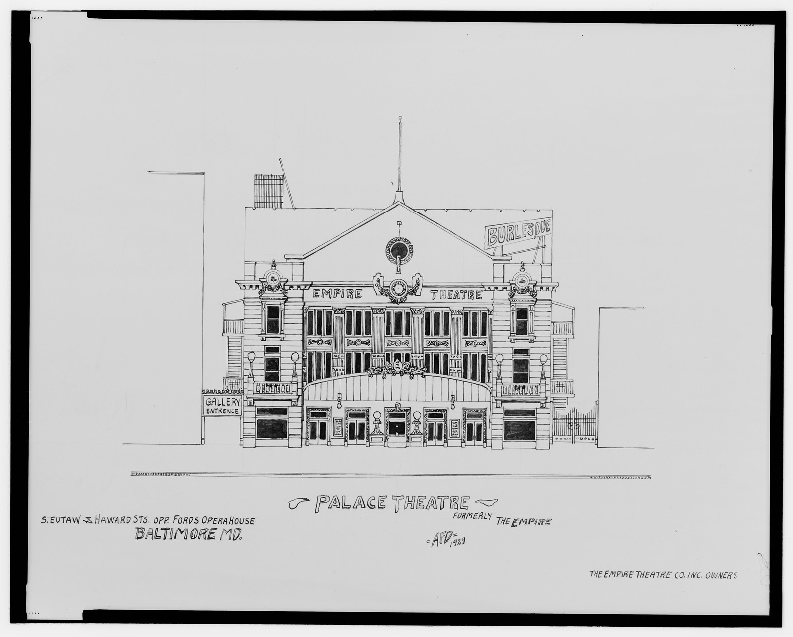 [Palace Theatre (Empire Theatre), S. Eutaw St. and Howard St., opposite Ford's Opera House, Baltimore, Maryland] / AFD 1929., And Engineering (ADE) Drawings — vintage poster