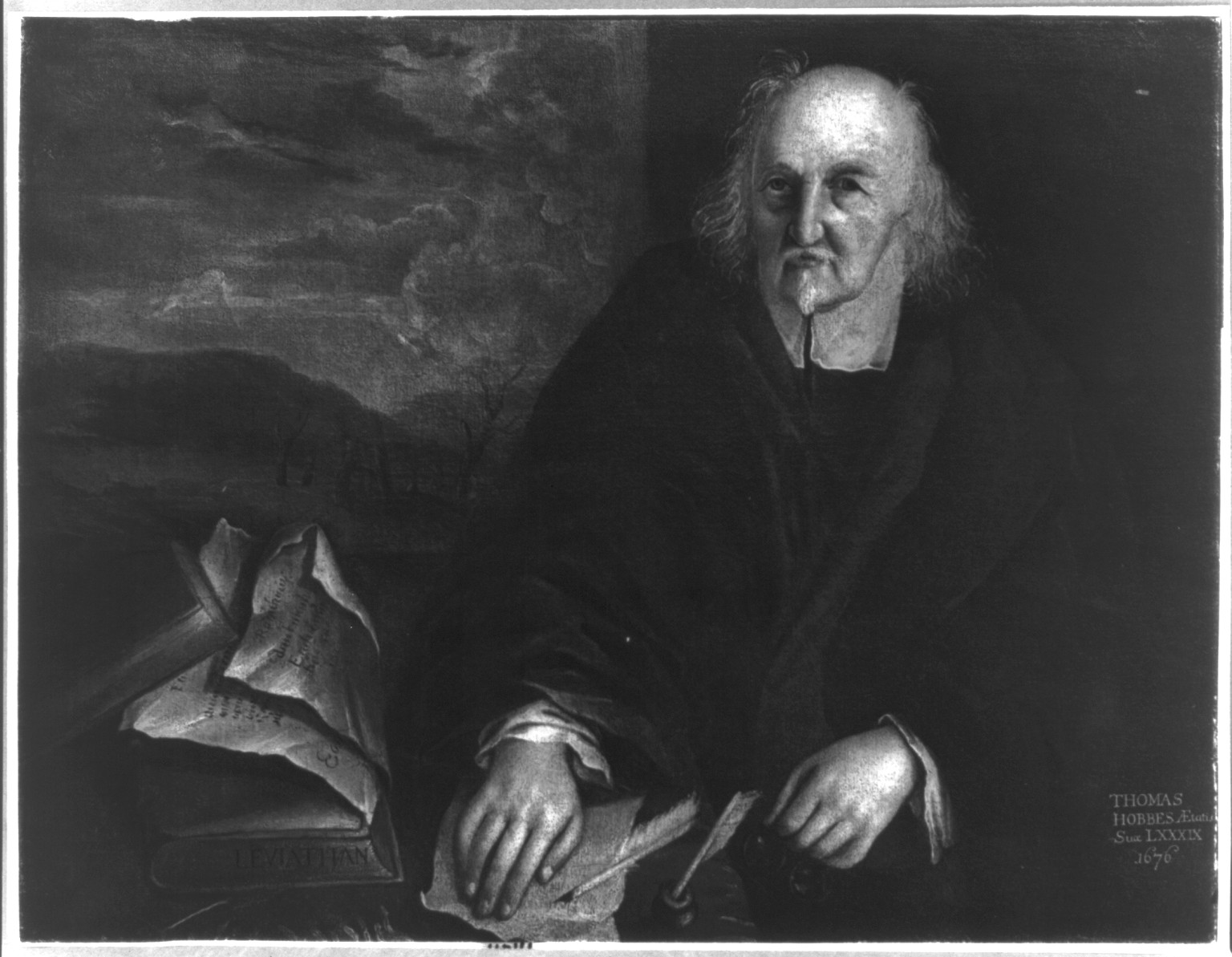 [Thomas Hobbes, 1588-1679, half-length portrait, seated at desk] — historic print