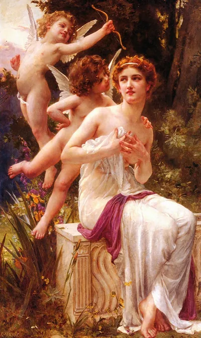 Two Cupids and a Seated Woman in a Garden