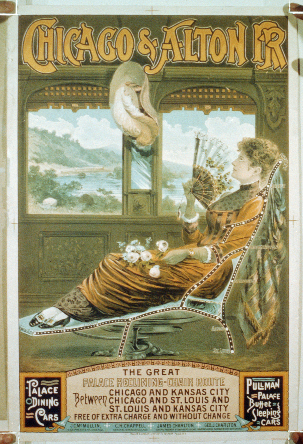Chicago & Alton R.R.--The great palace reclining-chair route... / Ballin & Liebler, lith., N.Y., [between 1880 and 1900] — vintage poster