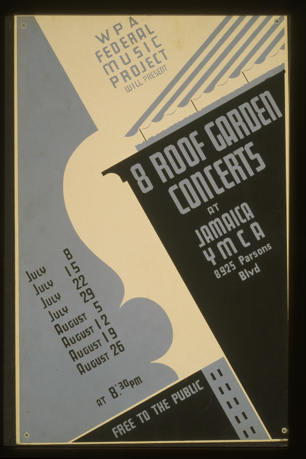 WPA Federal Music Project will present 8 roof garden concerts at Jamaica YMCA Free to, 1936 — vintage poster