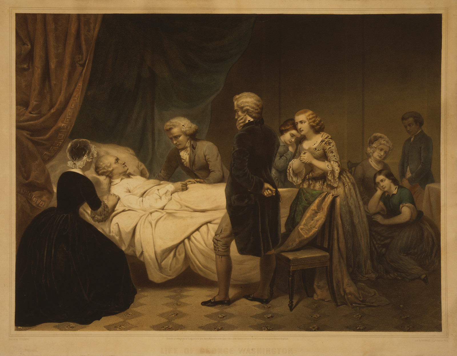 Life of George Washington - Deathbed, c. 1853 — antique lithograph