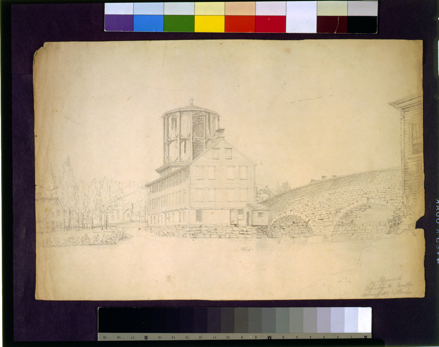 [Woolen Manufactory and Bridge, Ipswich, Massachusetts], [ca. 1810] — historic drawing