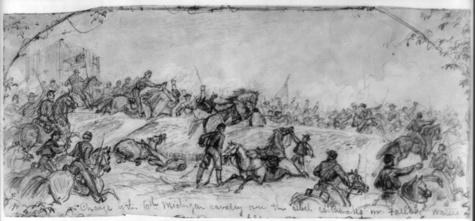 Charge of the 6th Michigan cavalry over the rebel earthworks nr. Falling Waters, [1863 July 14] — historic drawing