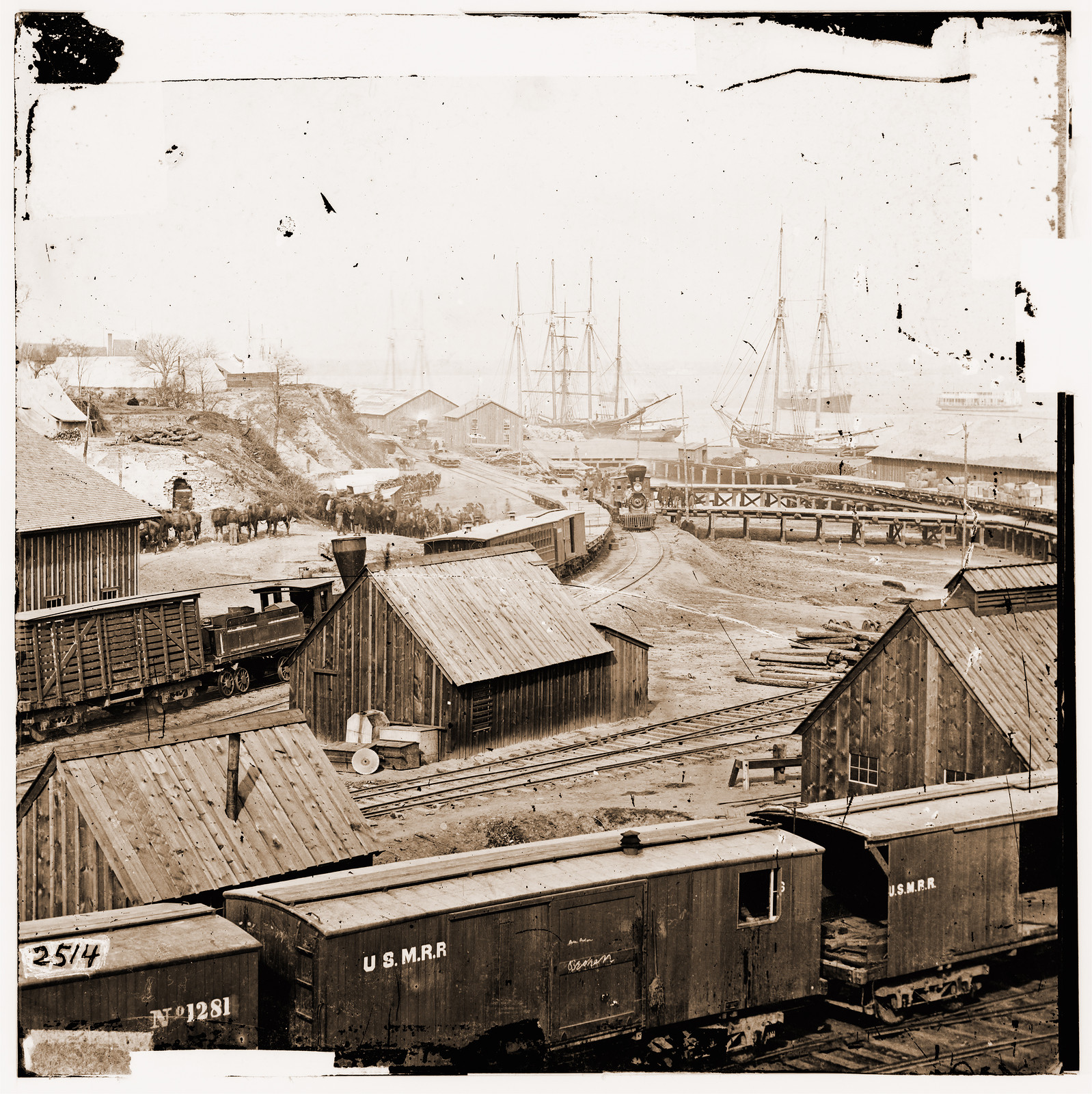 City Point Virginia. Railroad yard and transports, 1861 — historic photograph