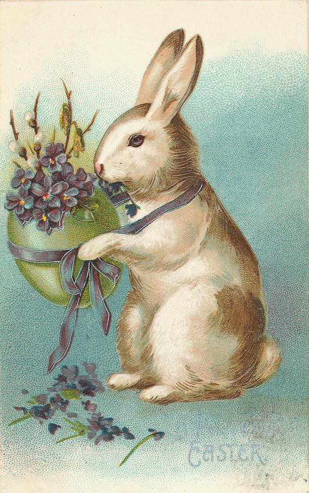 Vintage Easter card with rabbit, violets and egg — historic image