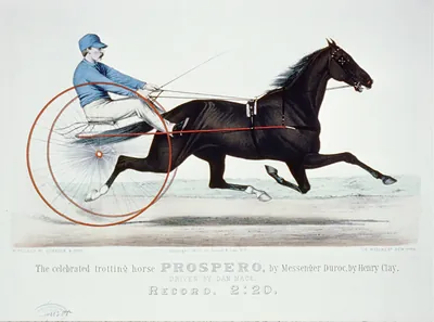 Celebrated trotting horse Prospero, by messenger Duroc, by Henry Clay: Driven by Dan Mace. Record, 2:20