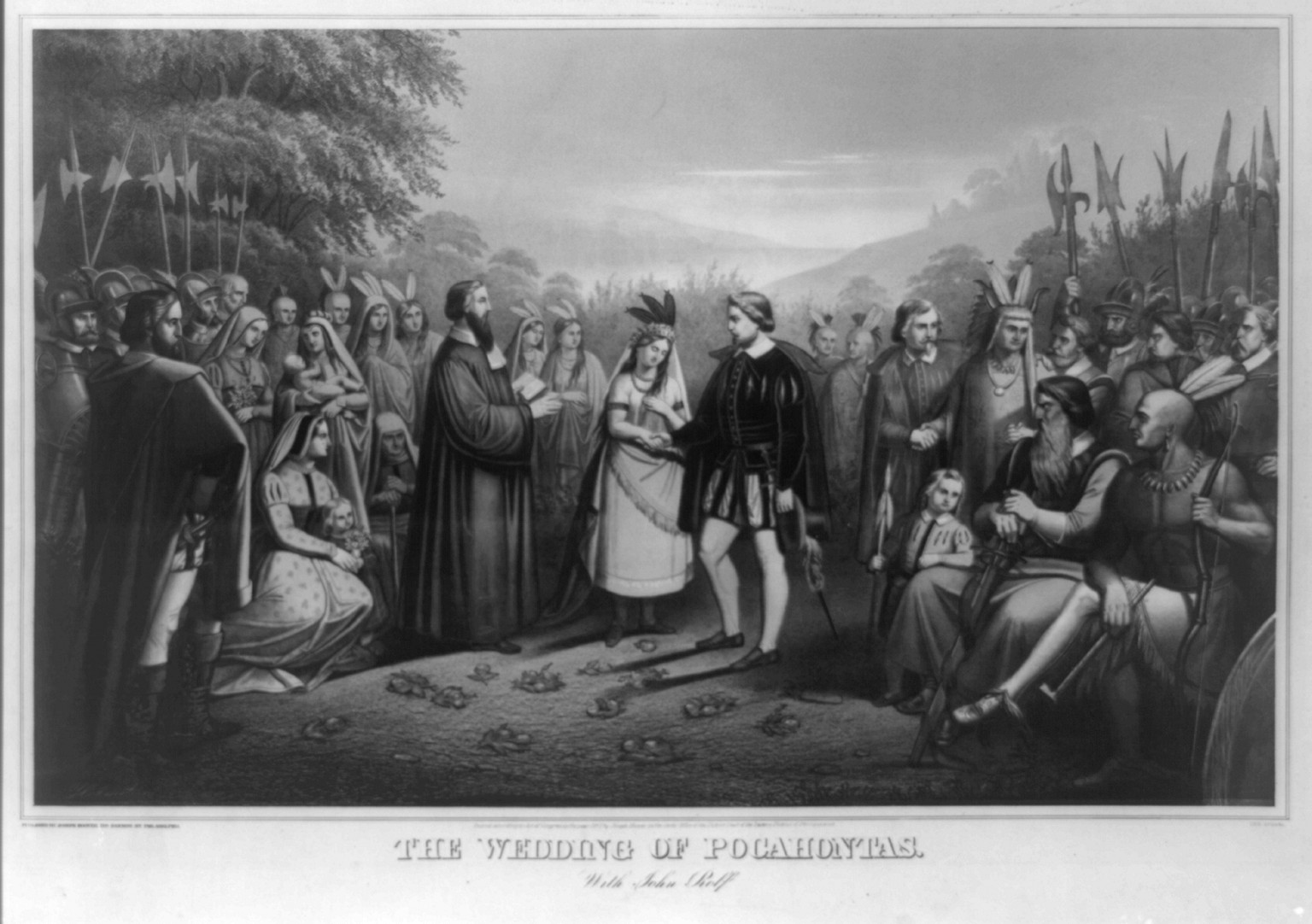 The wedding of Pocahontas with John Rolfe / Geo Spohni., Philadelphia : Published by Joseph Hoover, 719 Samson St., c1867. — antique lithograph