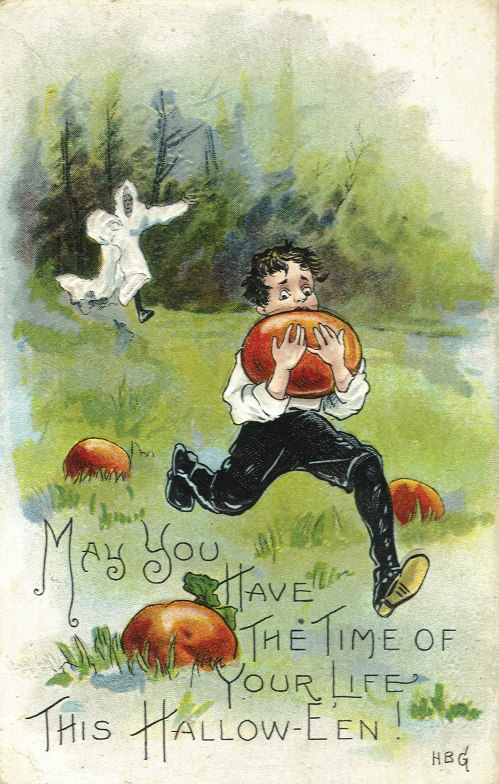 Halloween greeting postcard: boy running with pumpkin, ghost — vintage postcard