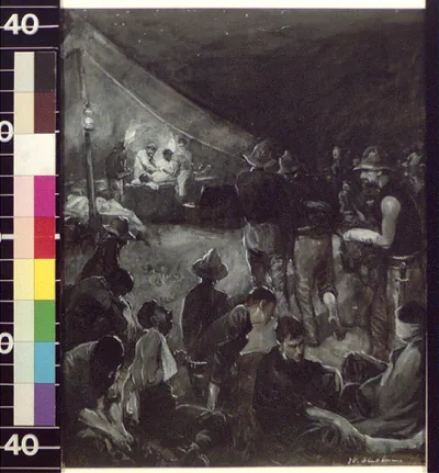 Soldiers gathered at night beside a lantern-lit tent