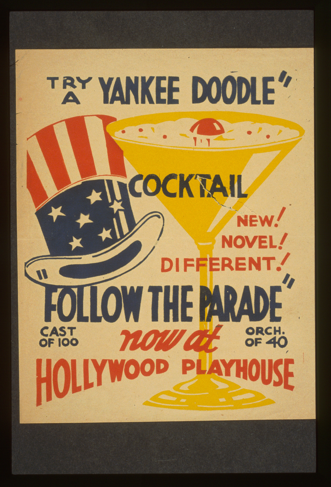 Try a Yankee Doodle cocktail - New! Novel! Different! - Follow the parade now at Holl, 1936 — vintage poster