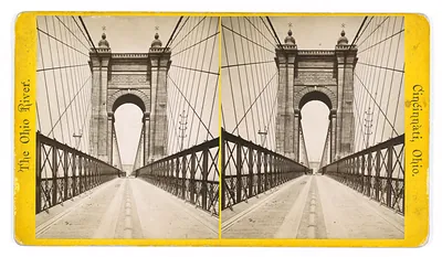 Stereograph of suspension bridge over the Ohio River, Cincinnati