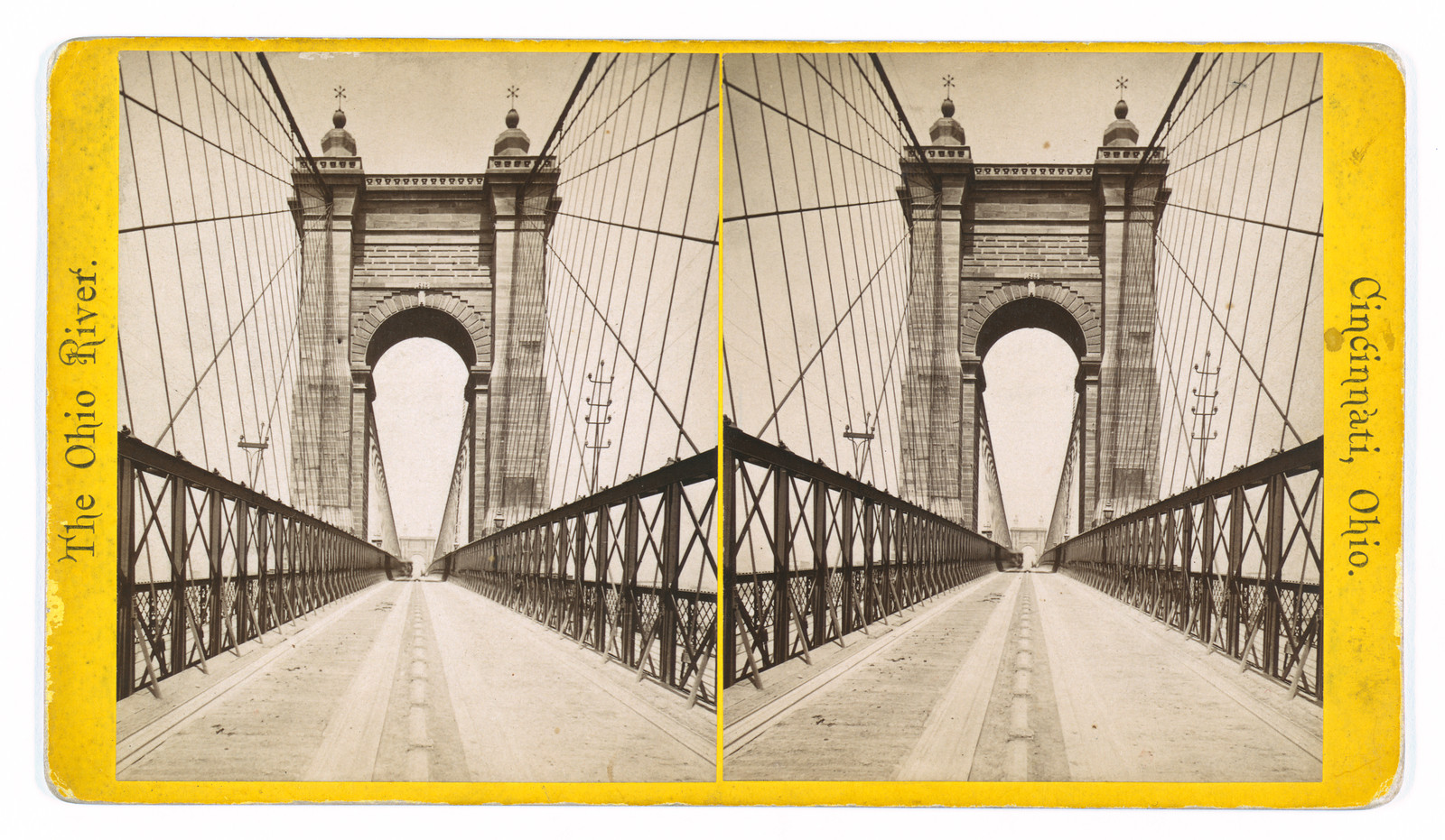 Stereograph of suspension bridge over the Ohio River, Cincinnati — stereograph