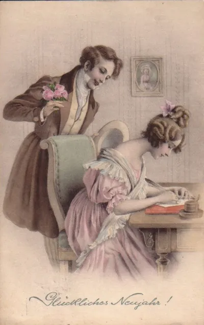 Courting couple with roses, New Year greeting postcard
