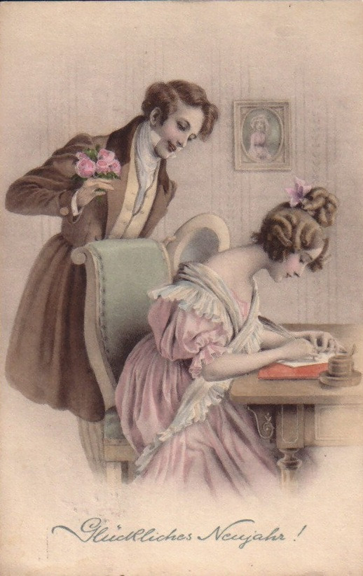 Courting couple with roses, New Year greeting postcard — vintage postcard