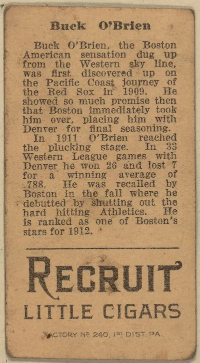 Buck O'Brien biography card back, Recruit Little Cigars
