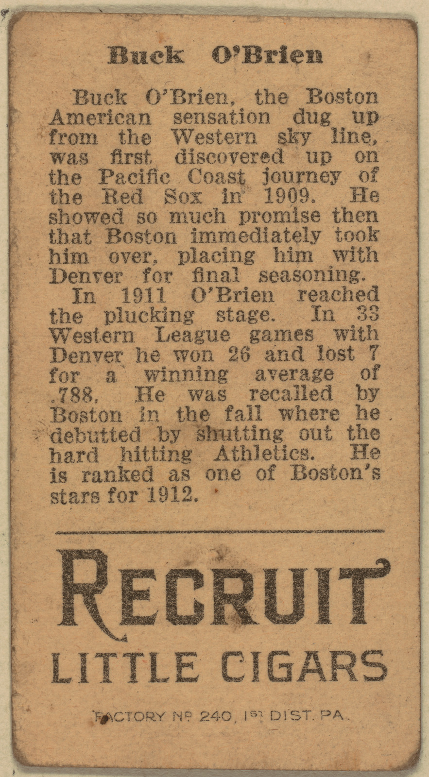 Buck O'Brien biography card back, Recruit Little Cigars — historic image