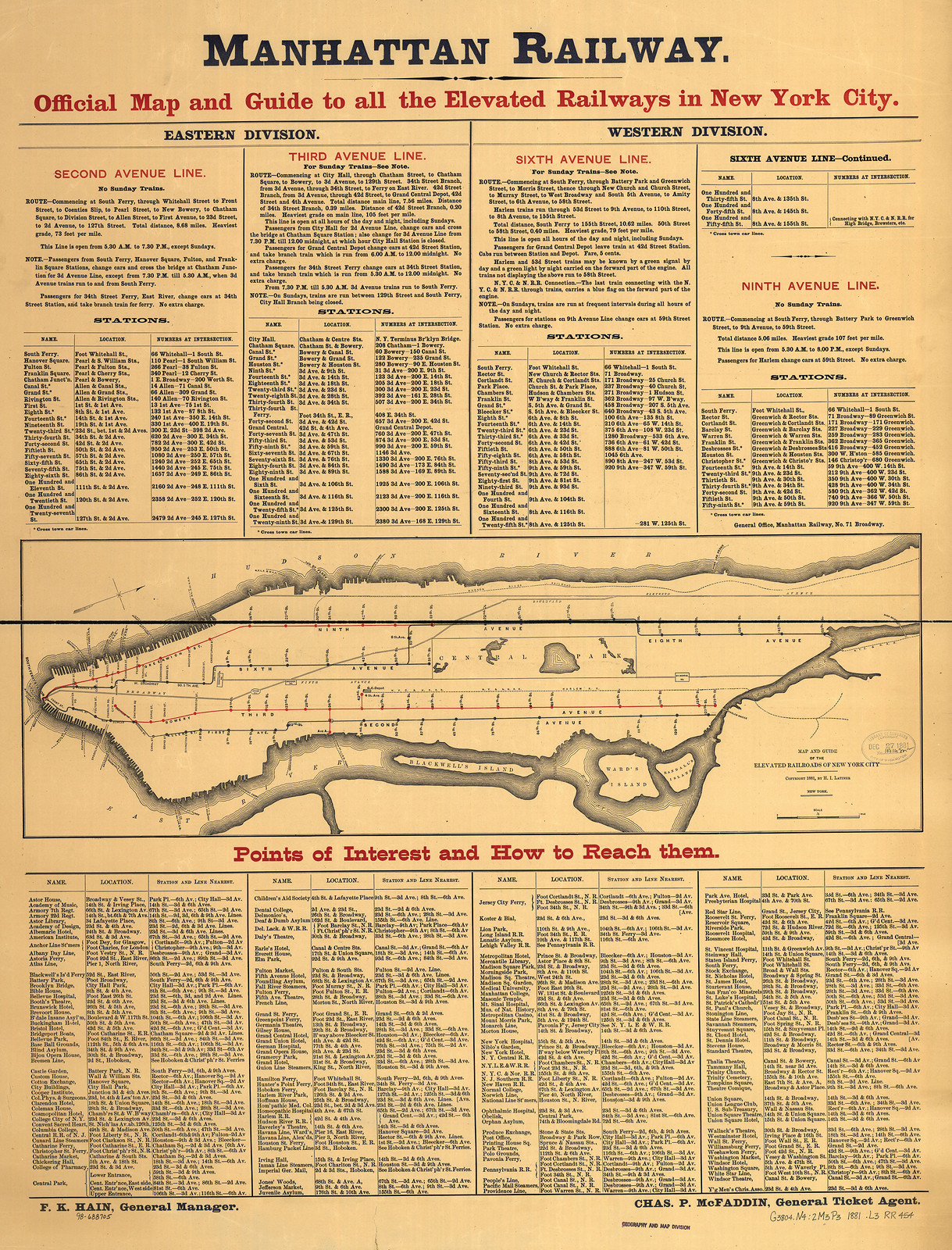 Manhattan Railway: Official Map and Guide to all the Elevated Railways in New York City, 1891 — antique map