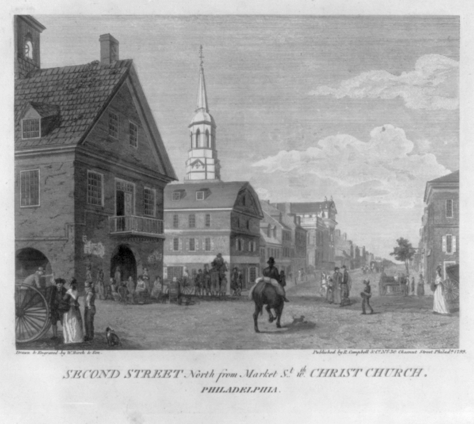 Second Street North from Market St. with Christ Church - Philadelphia, 1800 — antique engraving