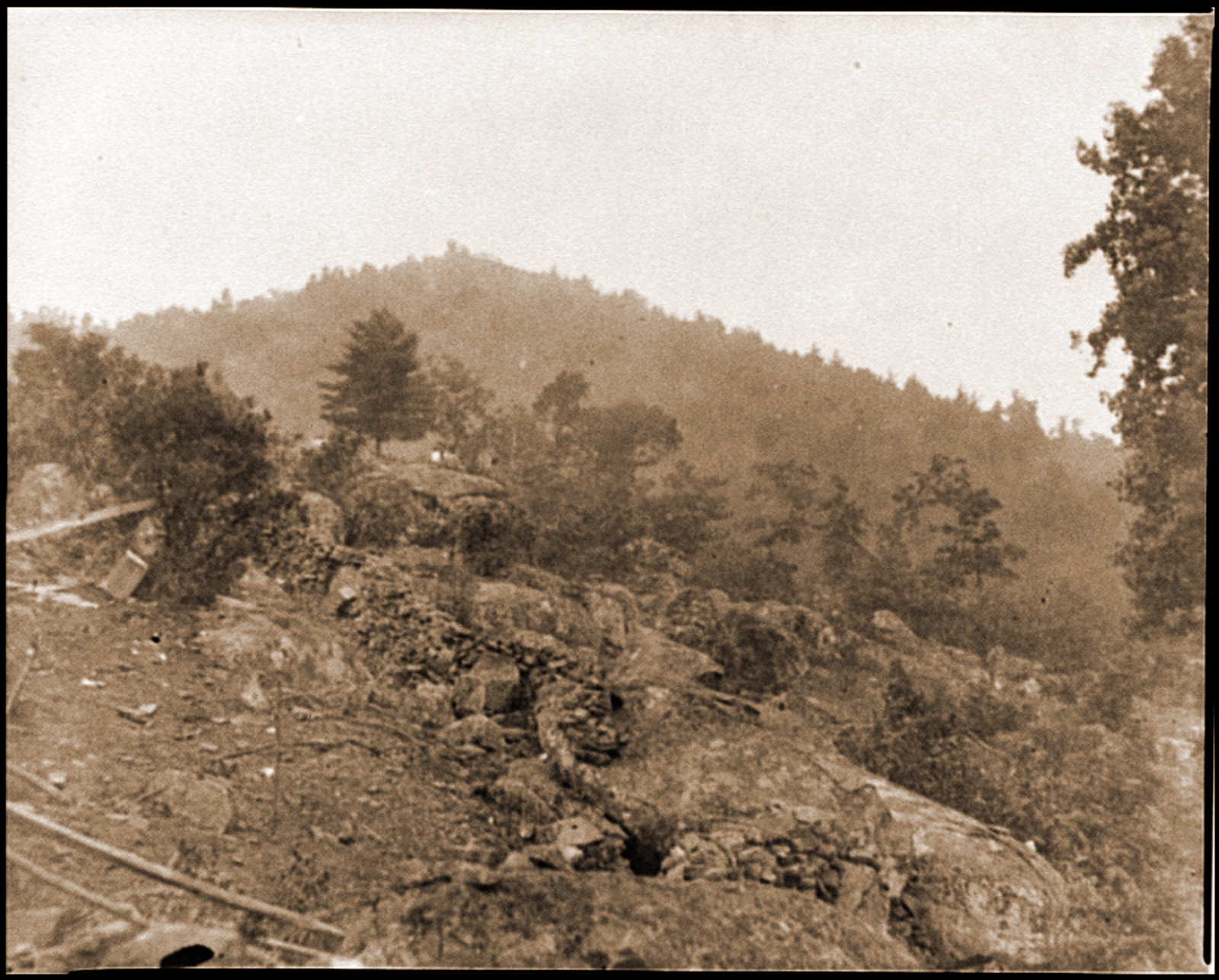 Gettysburg Pa. Breastworks on Little Round Top; Round Top in distance, 1863 — historic photograph