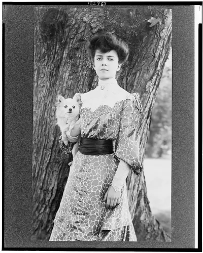 [Alice Roosevelt Longworth, three-quarter length portrait, standing in front of tree, facing slightly left, holding small dog]