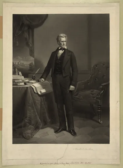 Engraved full-length portrait of Andrew Jackson beside a draped table
