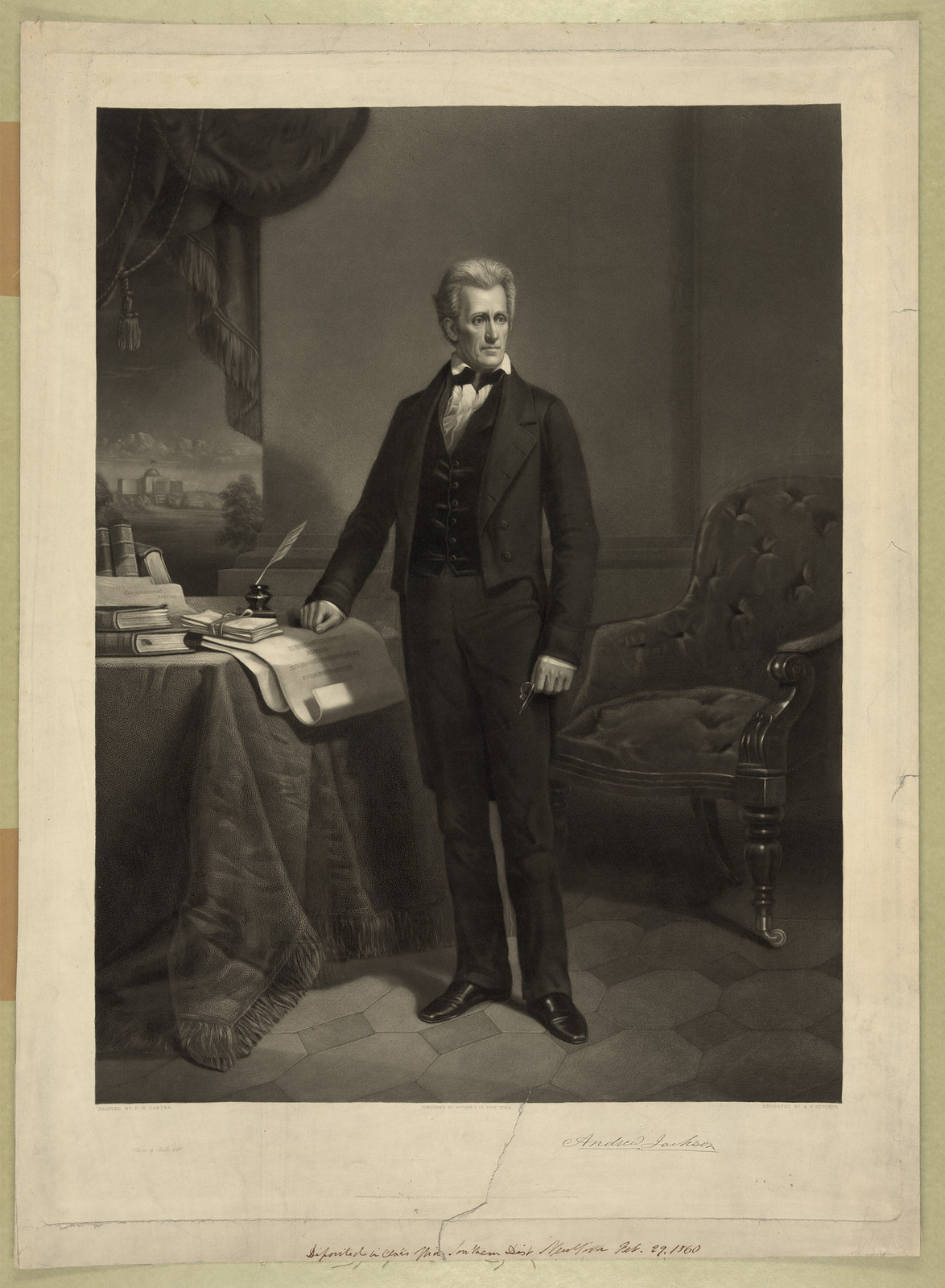 Engraved full-length portrait of Andrew Jackson beside a draped table — historic image