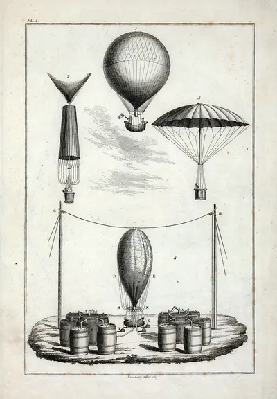 Engraved plate of balloons, parachute and gas-inflation apparatus