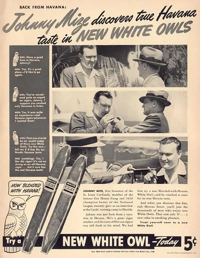 Johnny Mize discovers true Havana taste in New White Owls cigars advertisement