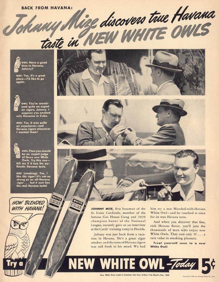 Johnny Mize discovers true Havana taste in New White Owls cigars advertisement — historic image