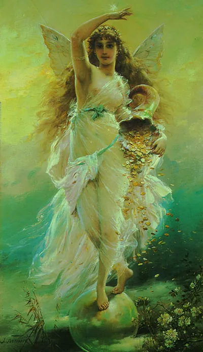 Winged fairy pouring gold coins from a vessel