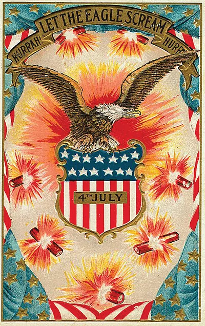 Let the Eagle Scream, 4th July patriotic postcard with eagle and fireworks