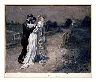 Couple embracing beside a figure on a dusk country road
