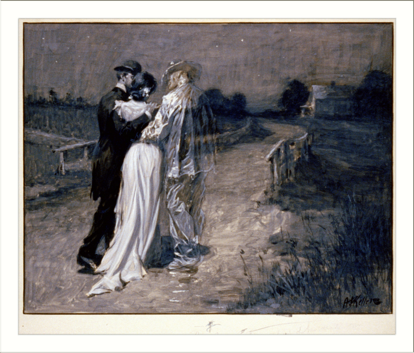 Couple embracing beside a figure on a dusk country road — historic image